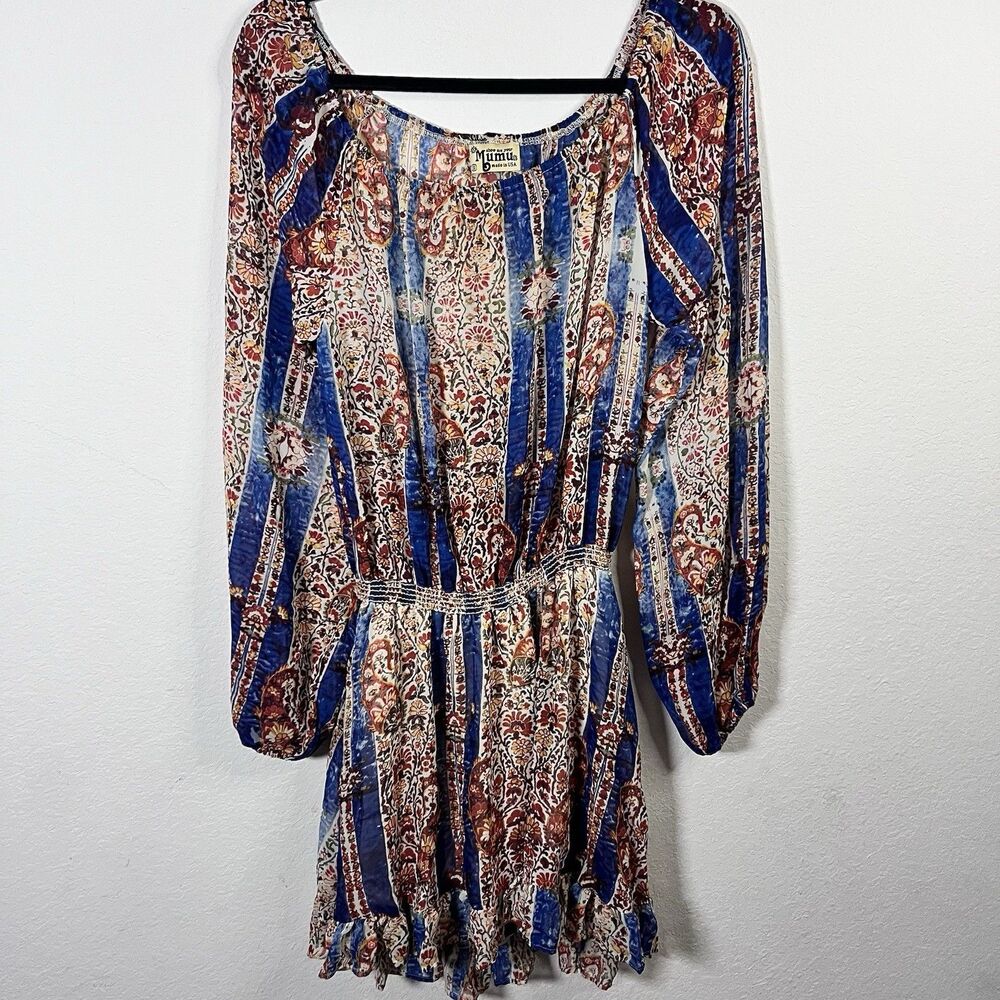 Show Me Your Mumu Boho Mini Dress Size Small Ruffle Long Sleeve Smocked Waist